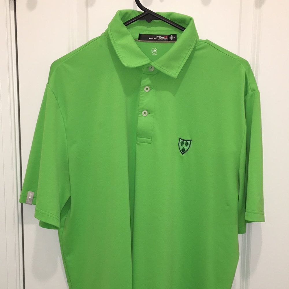 Bright Loud Green RLX Ralph Lauren Polo Golf Shirt M 3 trees sewn shield